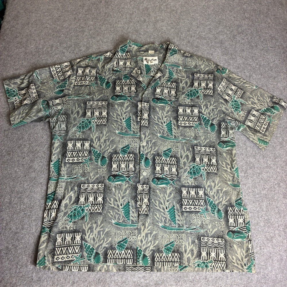 Howie Mens 3XL Aloha Shirt Grey Teal Sea Turtle Tribal Canoe Made in Hawaii